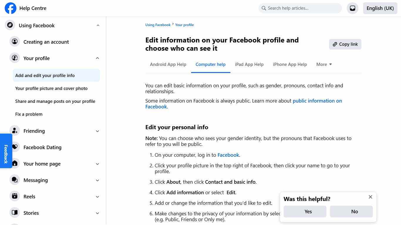 Edit information on your Facebook profile and choose who can see it | Facebook Help Centre